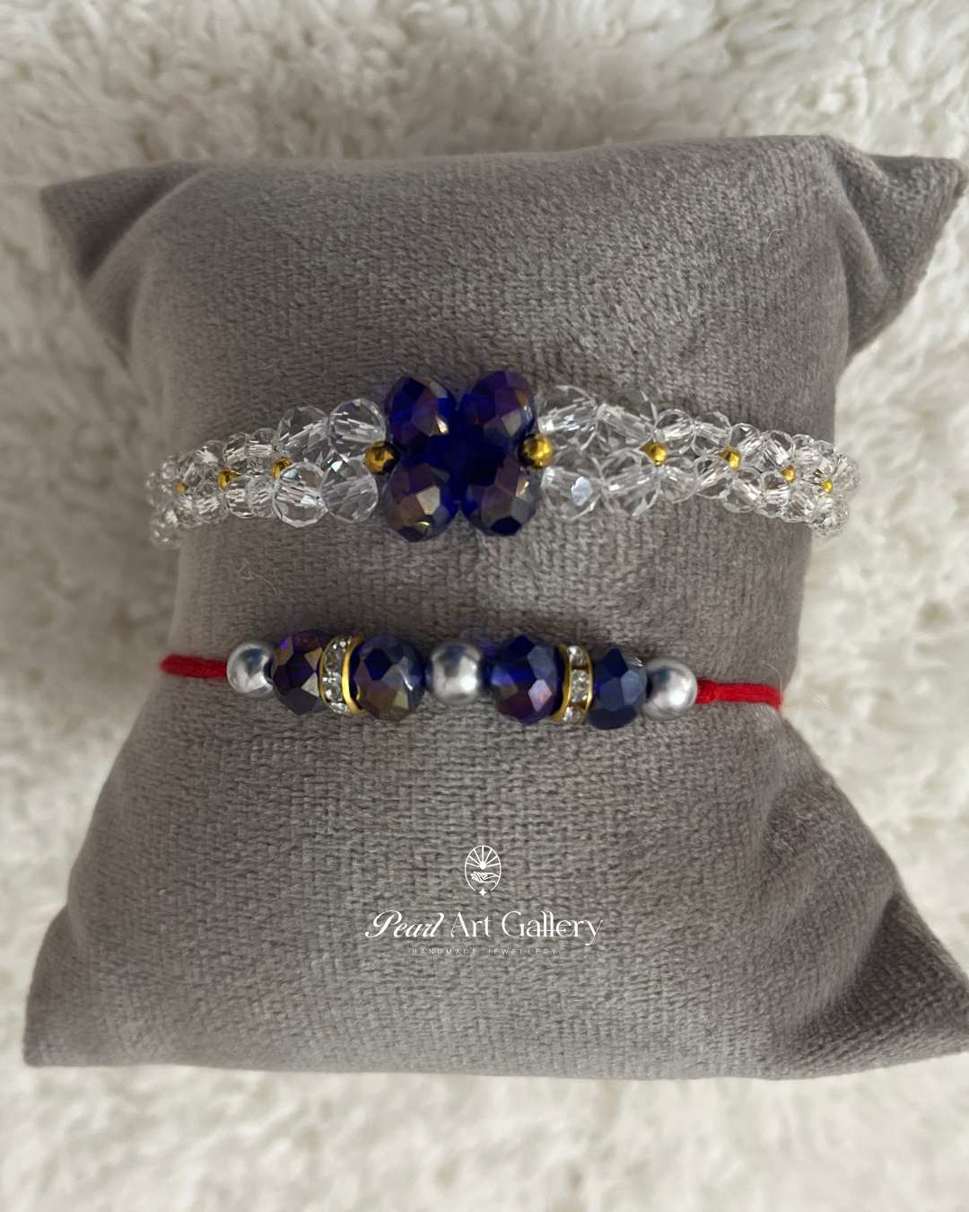 Royal Blue Rakhi Duo – Crystal Chain & Bead Thread Set