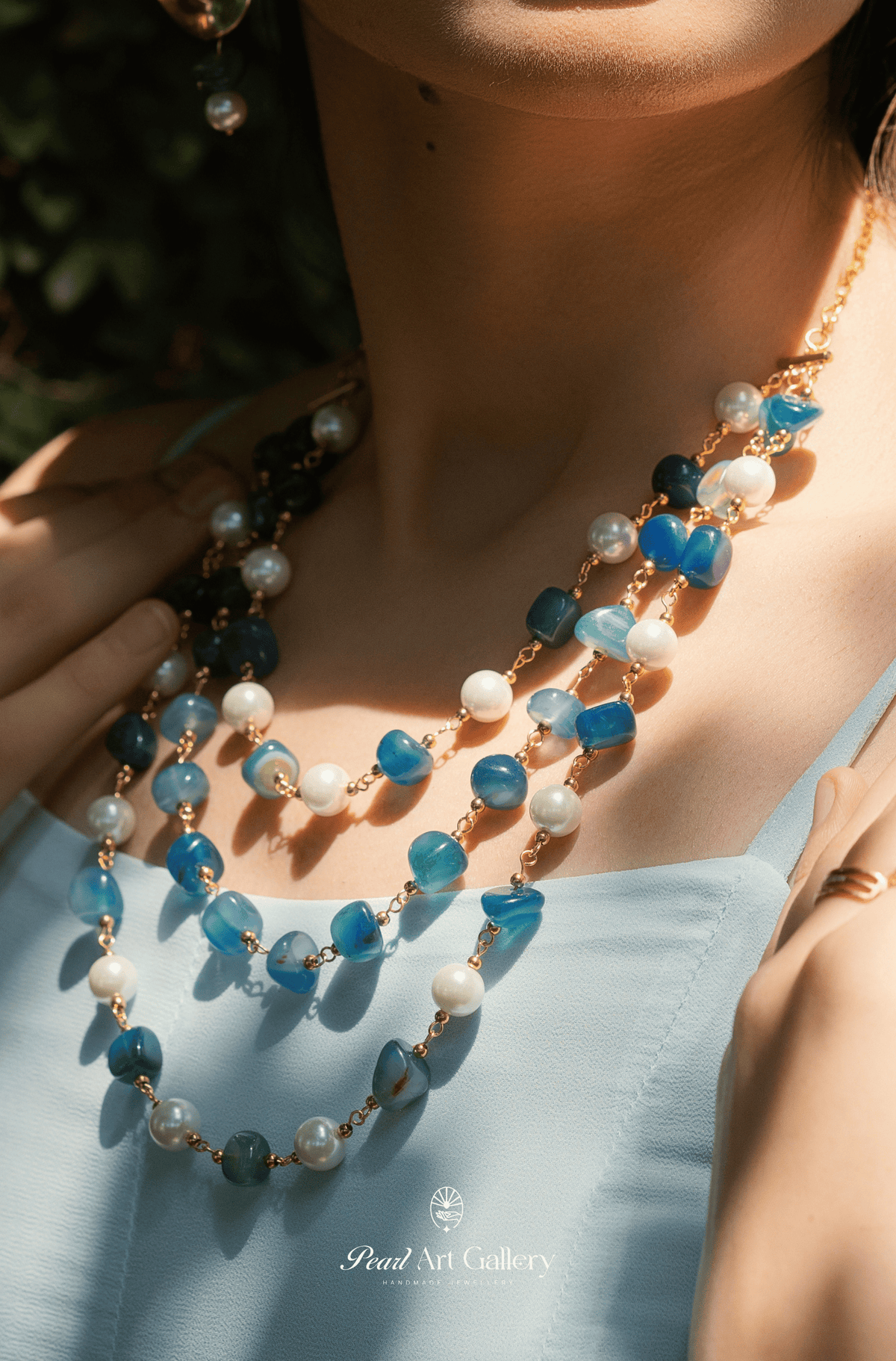 Teal agate layered pearl choker – close-up detail