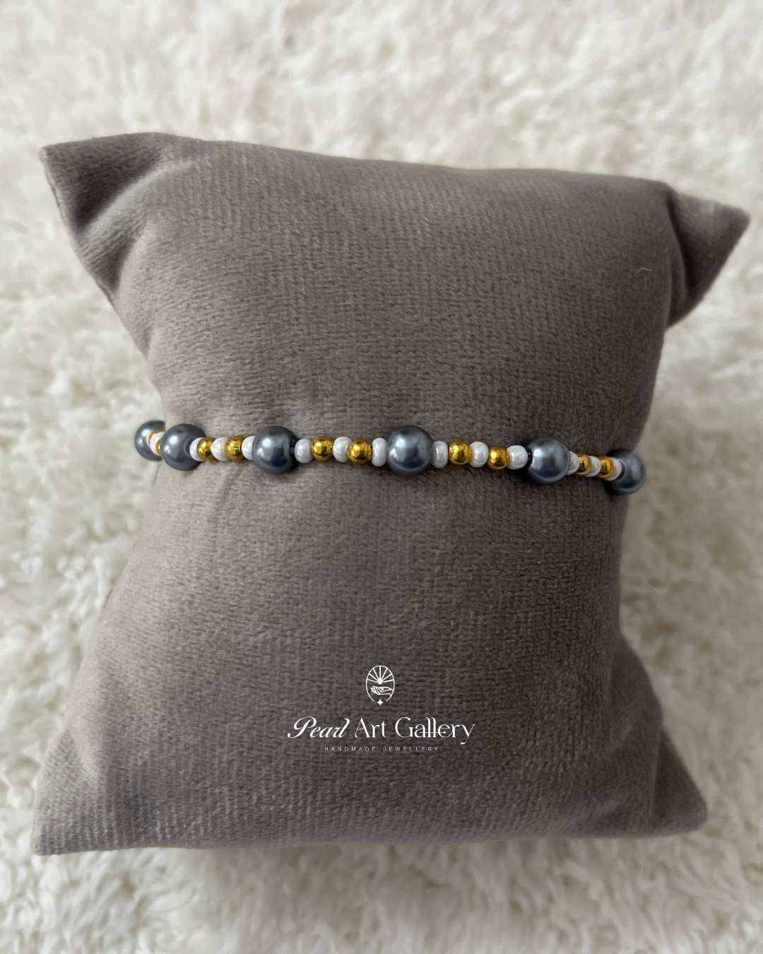 Grey Bead Chain Rakhi with Gold & White Highlights