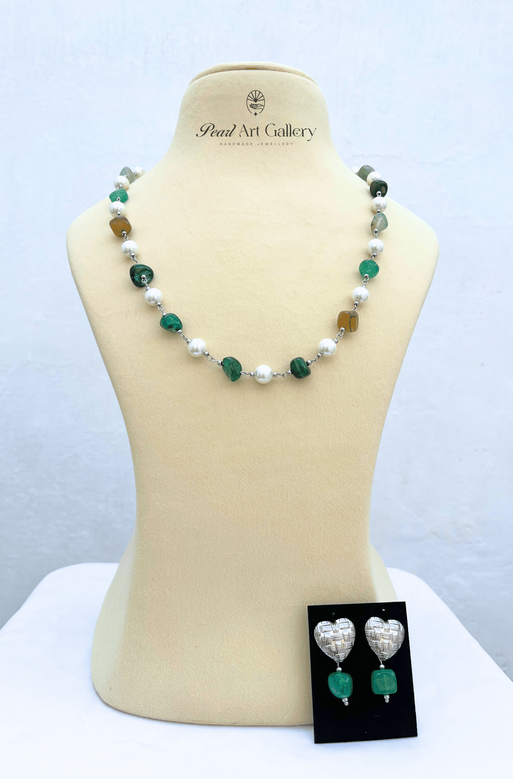 Pearl & Agate Necklace Set with Earrings – Green