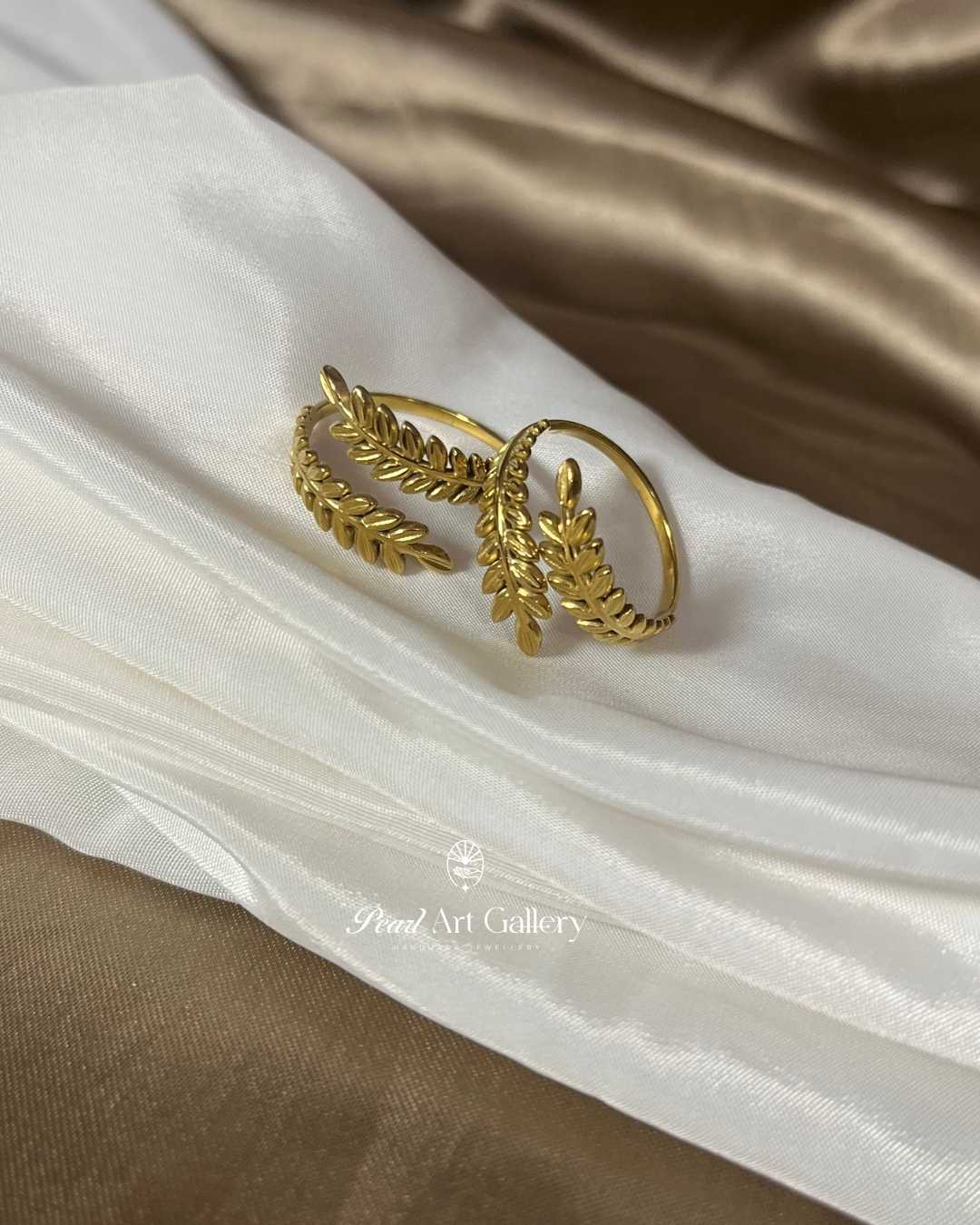 Delicate Leaf Row Adjustable Ring – Gold Tone Plated Botanical Band | Pearl Art Gallery