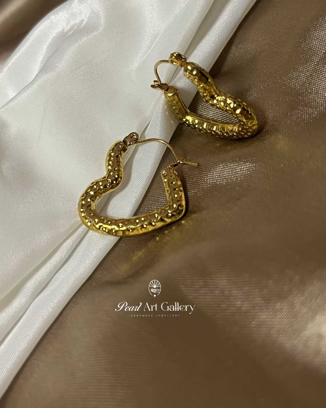 Textured Heart Studded Hoop Earrings – Gold Tone Plated Stainless Steel | Pearl Art Gallery