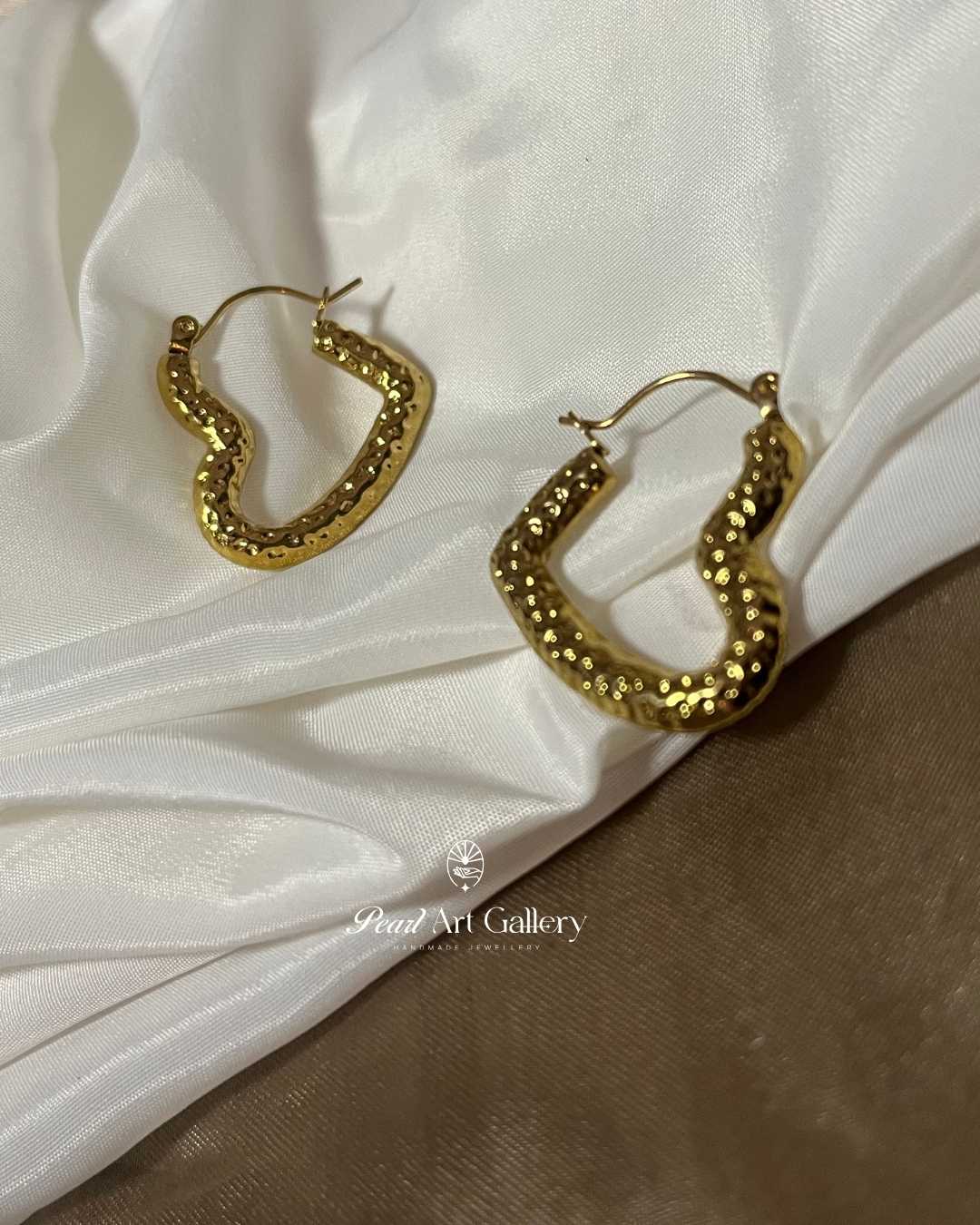 Textured Heart Studded Hoop Earrings – Gold Tone Plated Stainless Steel | Pearl Art Gallery