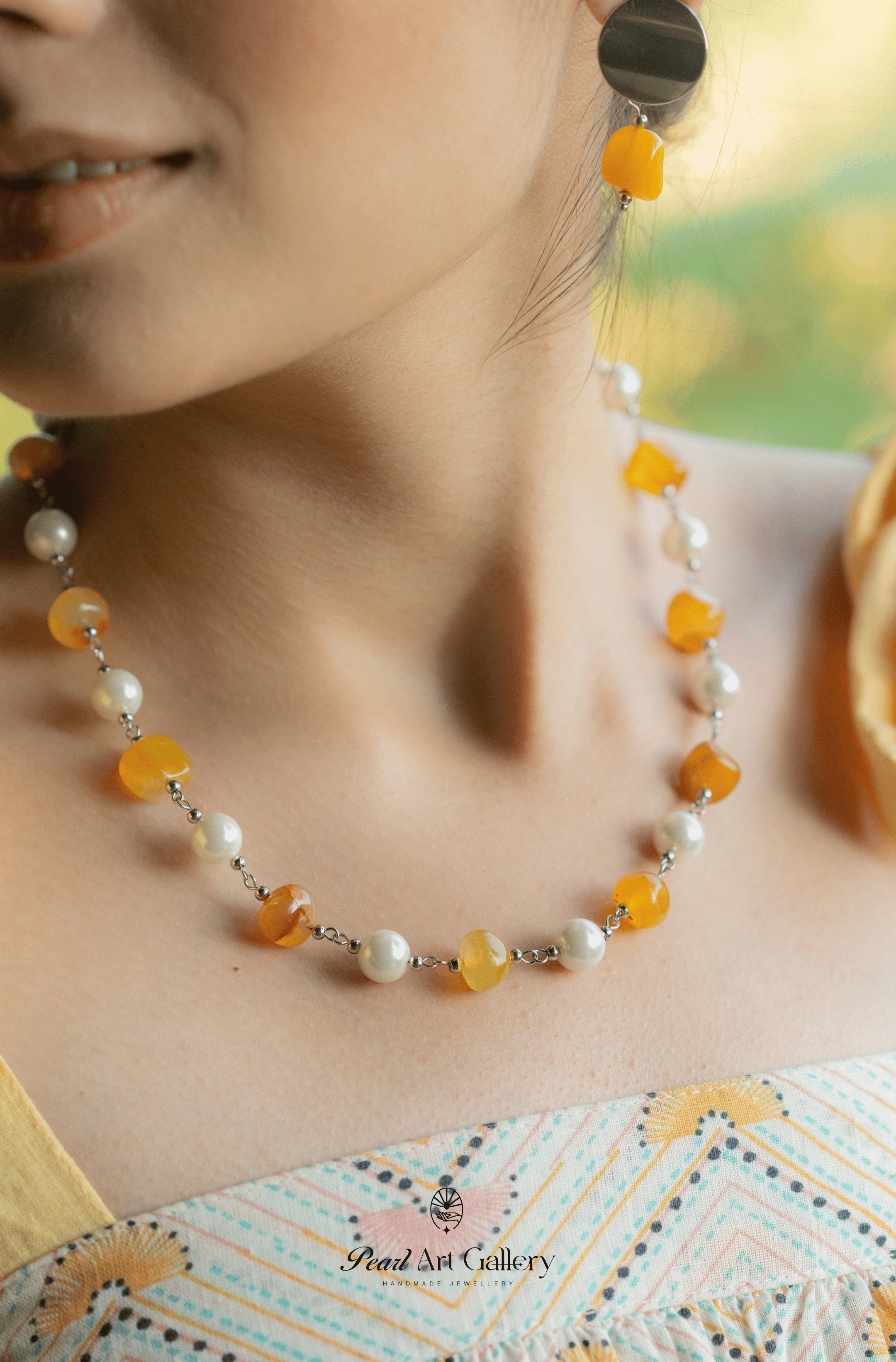 Pearl & Agate Necklace Set with Earrings – Mango Yellow