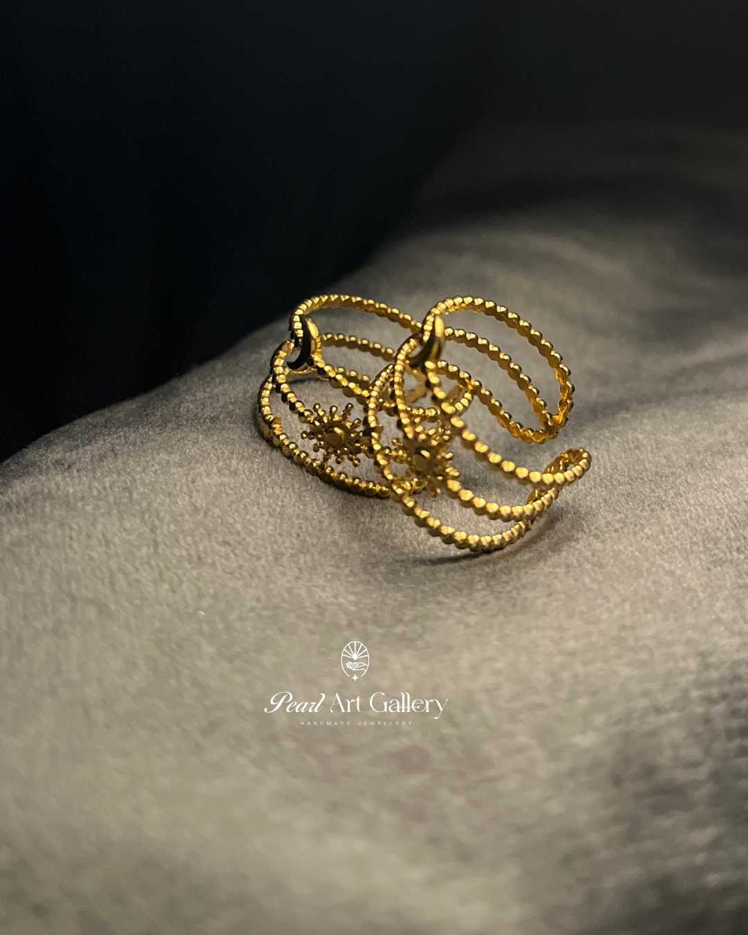 Celestial Moon Star Adjustable Ring – Gold Tone Plated Cosmic Design | Pearl Art Gallery