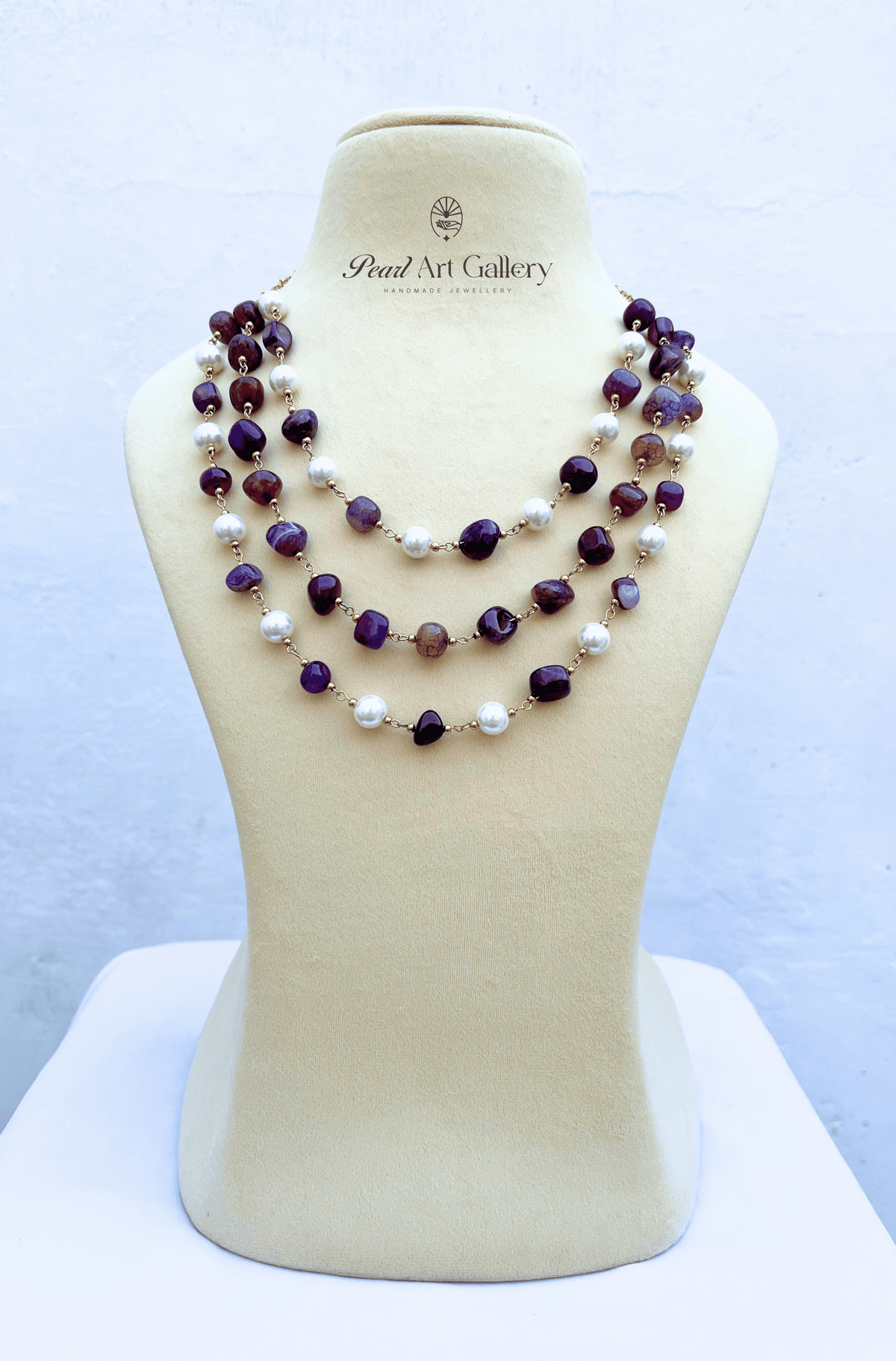 Layered Pearl Choker Necklace – 3 Strand, Purple Agate