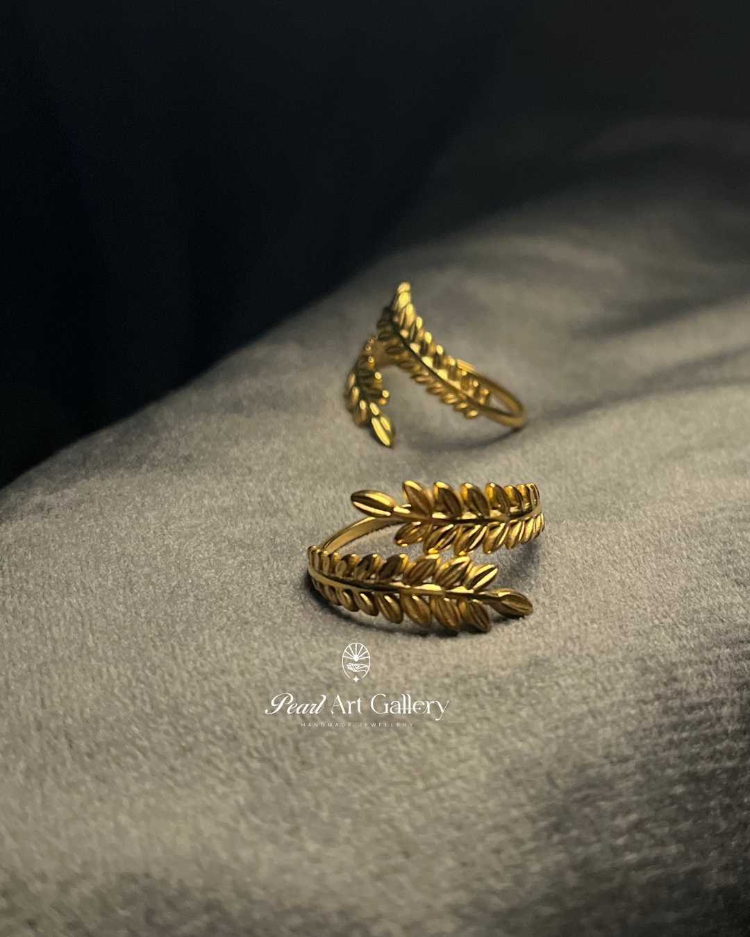 Delicate Leaf Row Adjustable Ring – Gold Tone Plated Botanical Band | Pearl Art Gallery