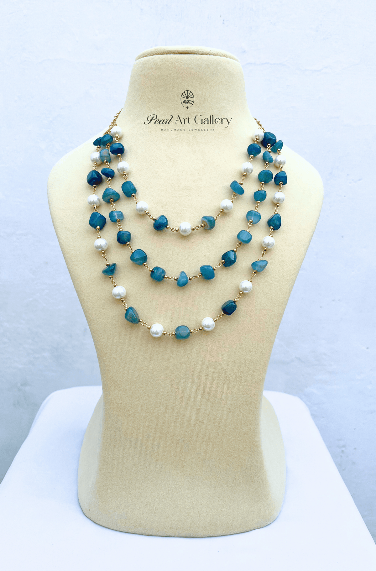 Layered Pearl Choker Necklace – 3 Strand, Teal Agate