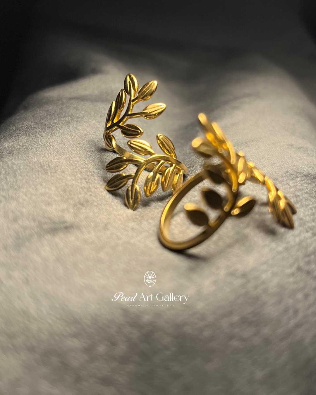 Golden Leaf Adjustable Ring – Nature Inspired Open Band | Pearl Art Gallery