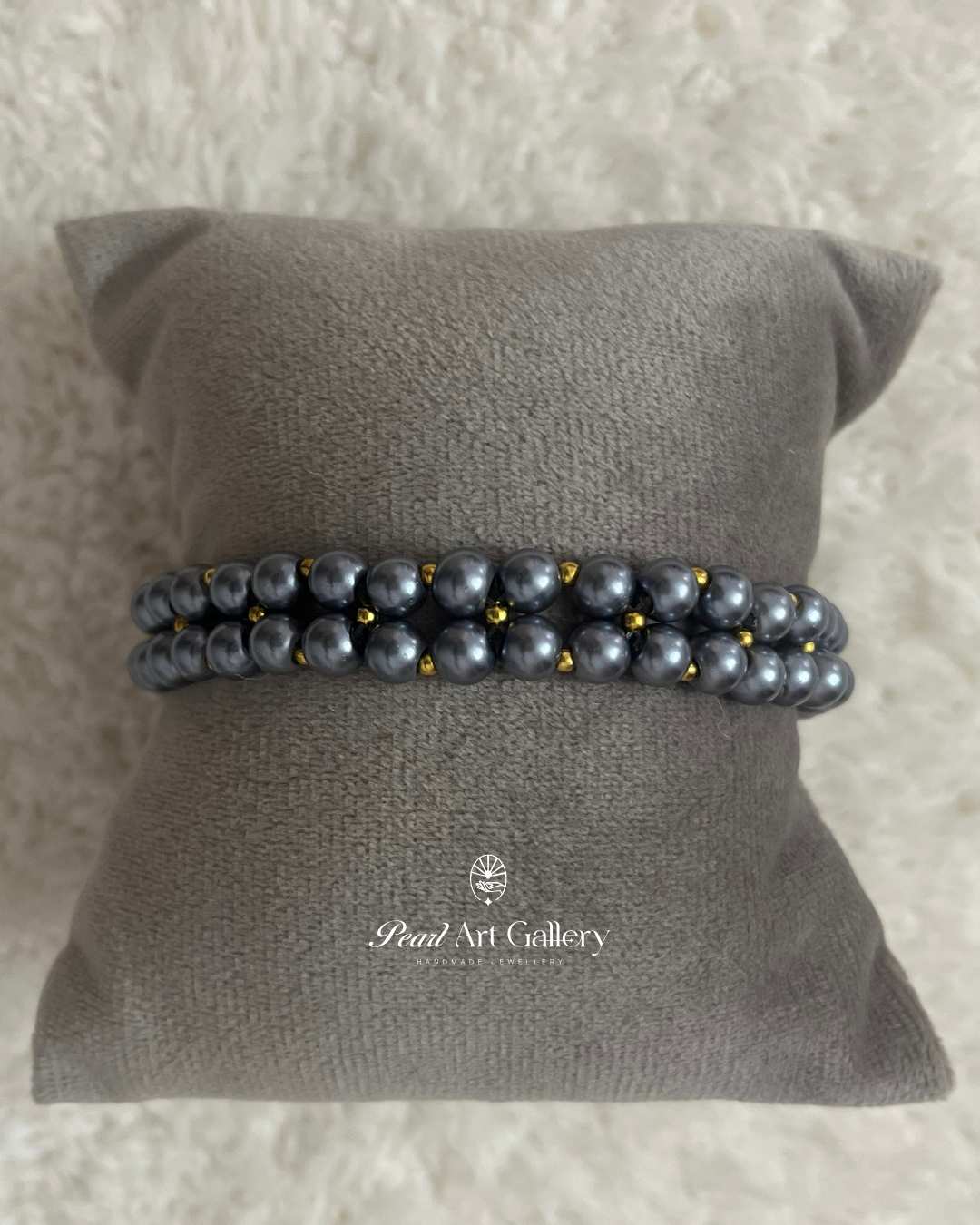 Bold Double-Row Grey Pearl Rakhi – Thread Style with Gold Accents