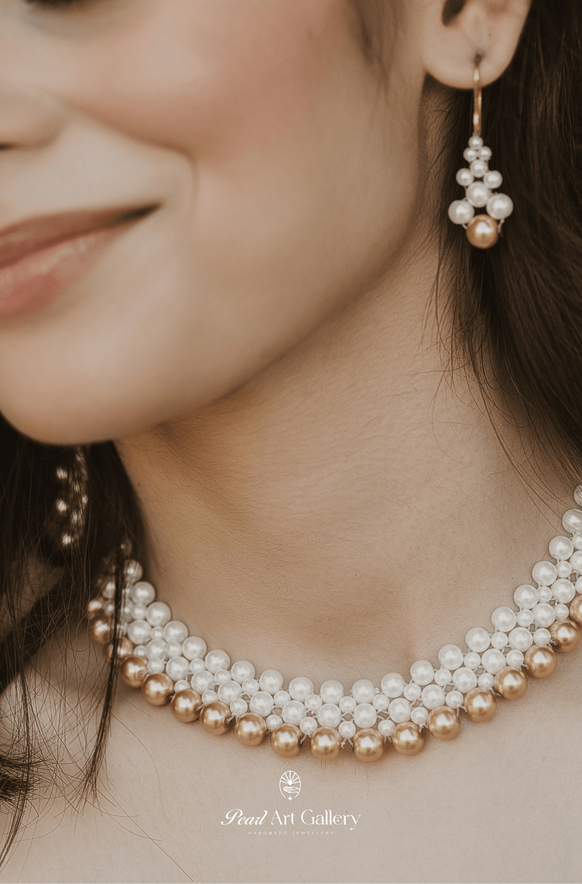 Golden Pearl Choker Necklace Set with Earrings