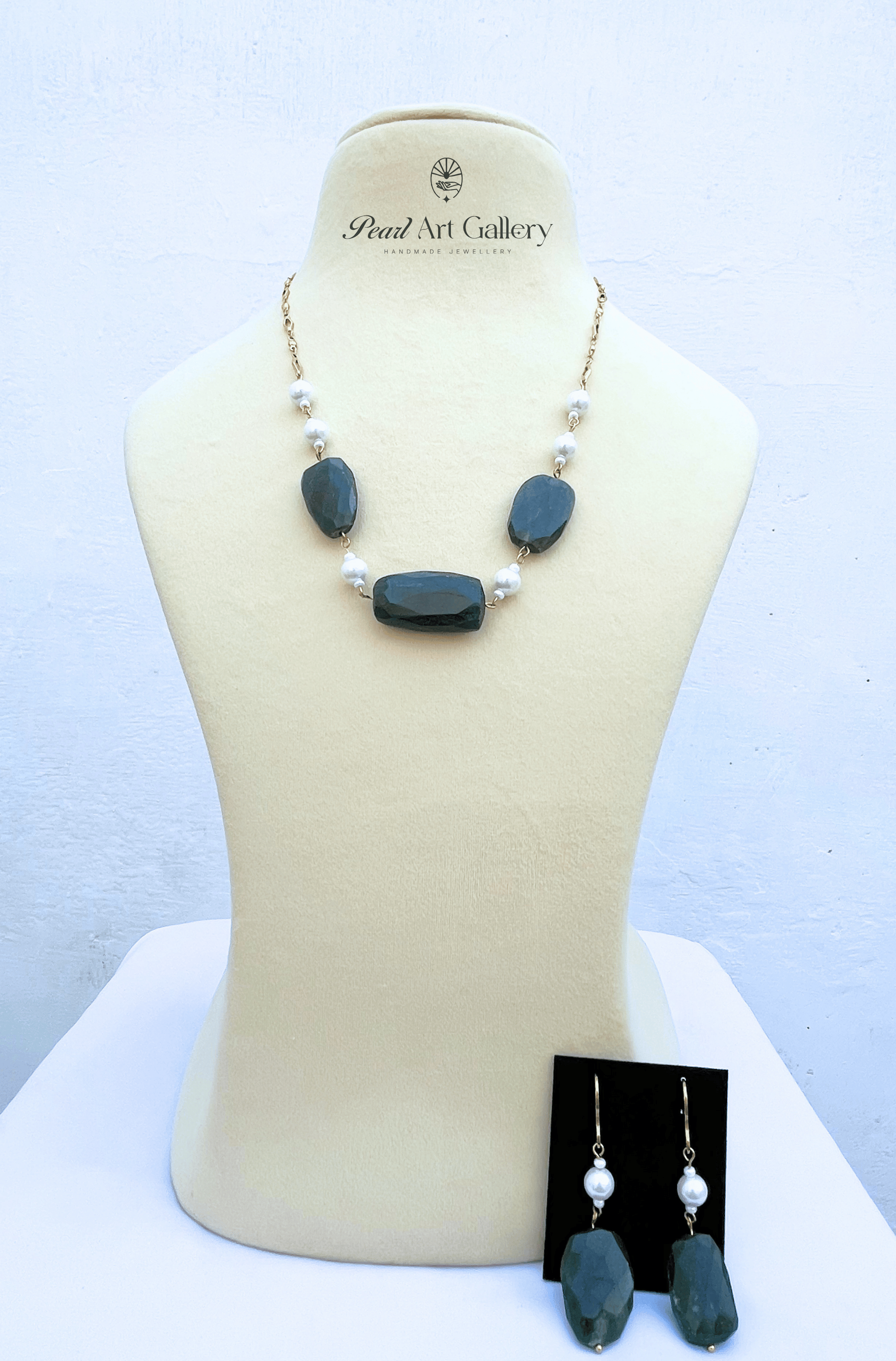 Pearl & Jade Matinee Necklace Set with Earrings