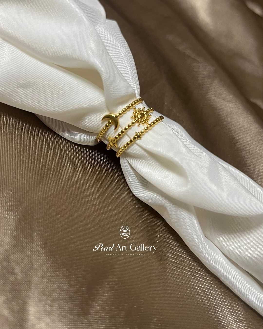Celestial Moon Star Adjustable Ring – Gold Tone Plated Cosmic Design | Pearl Art Gallery
