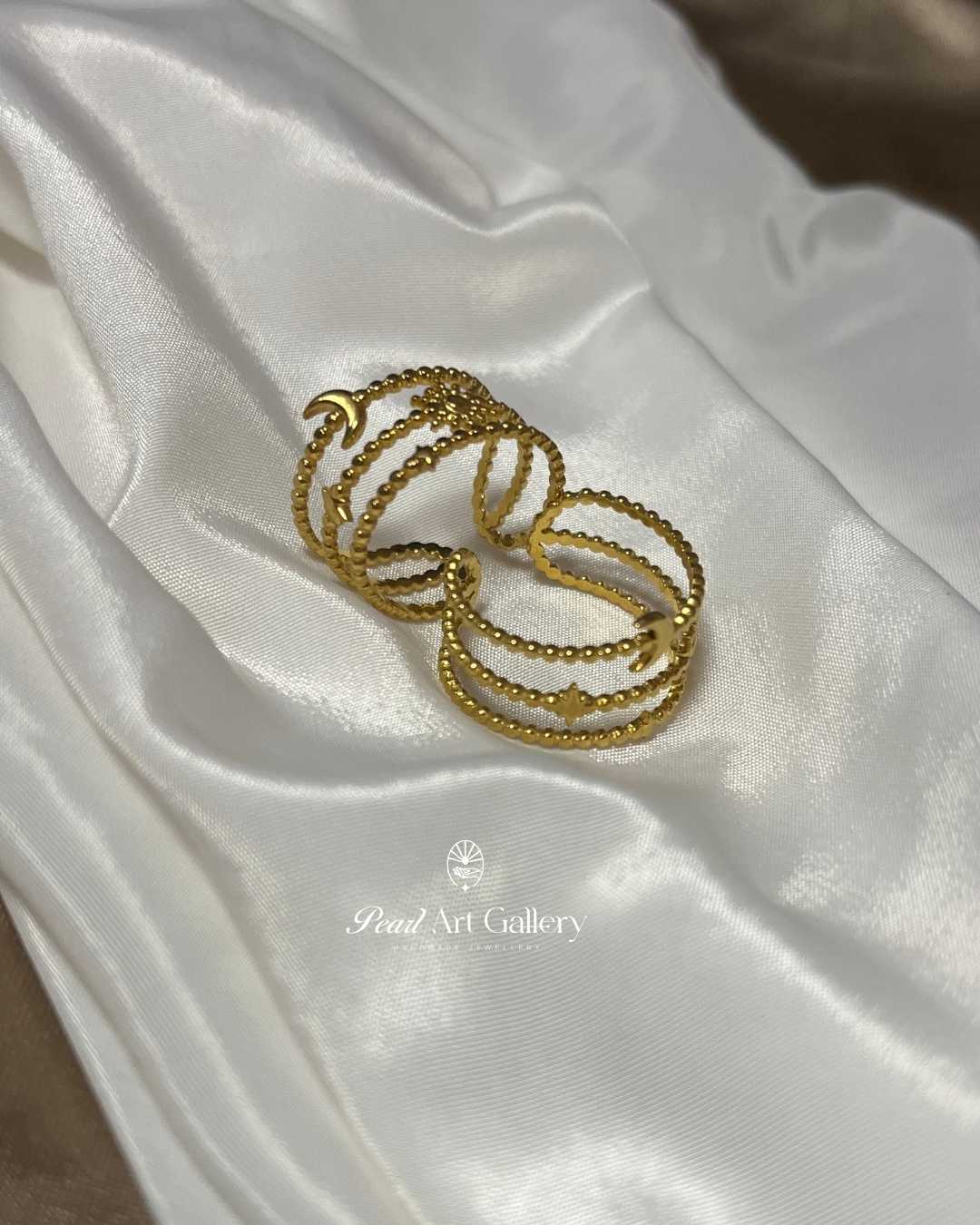 Celestial Moon Star Adjustable Ring – Gold Tone Plated Cosmic Design | Pearl Art Gallery