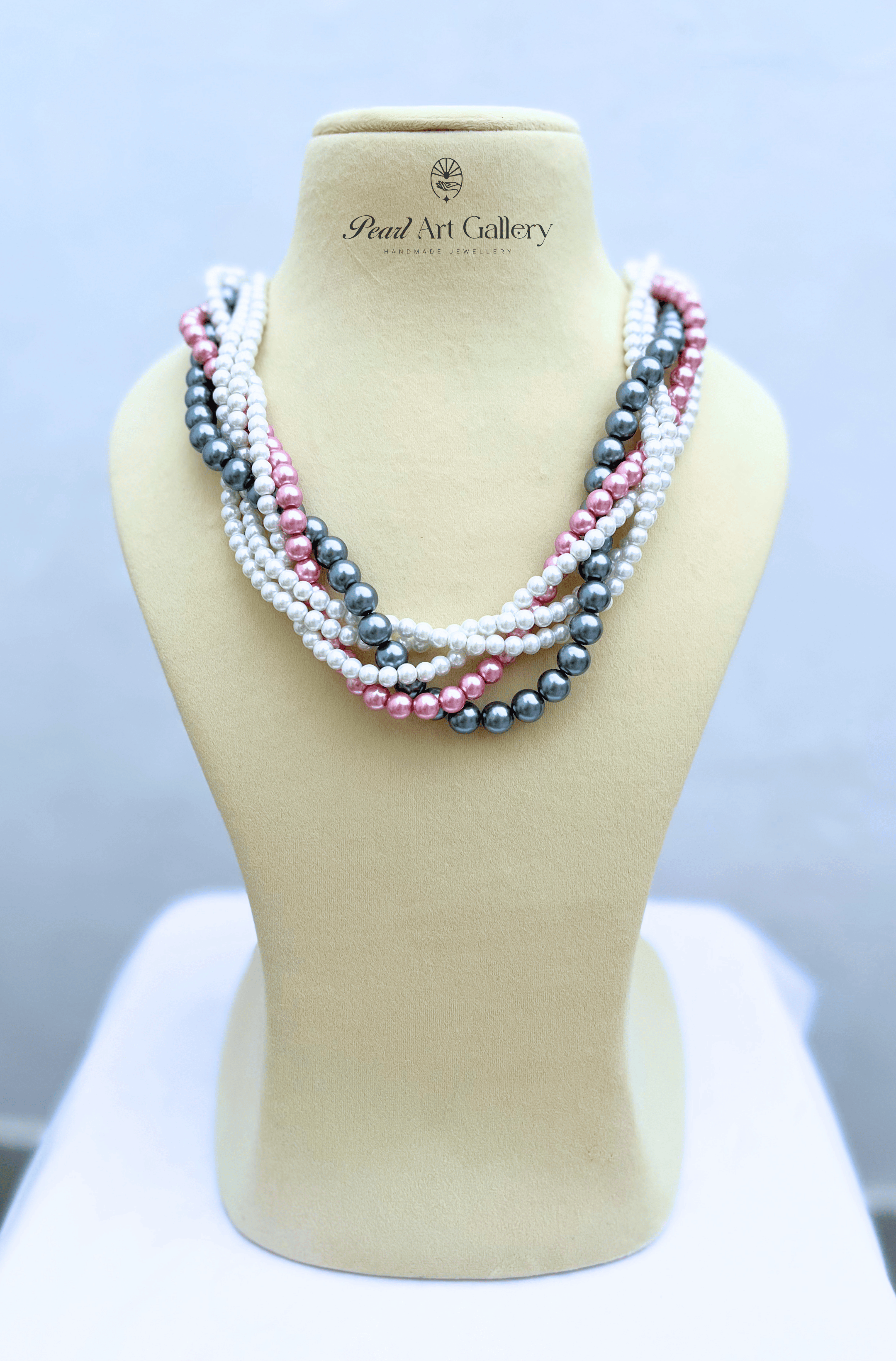 Purple grey white braided pearl choker – close-up detail