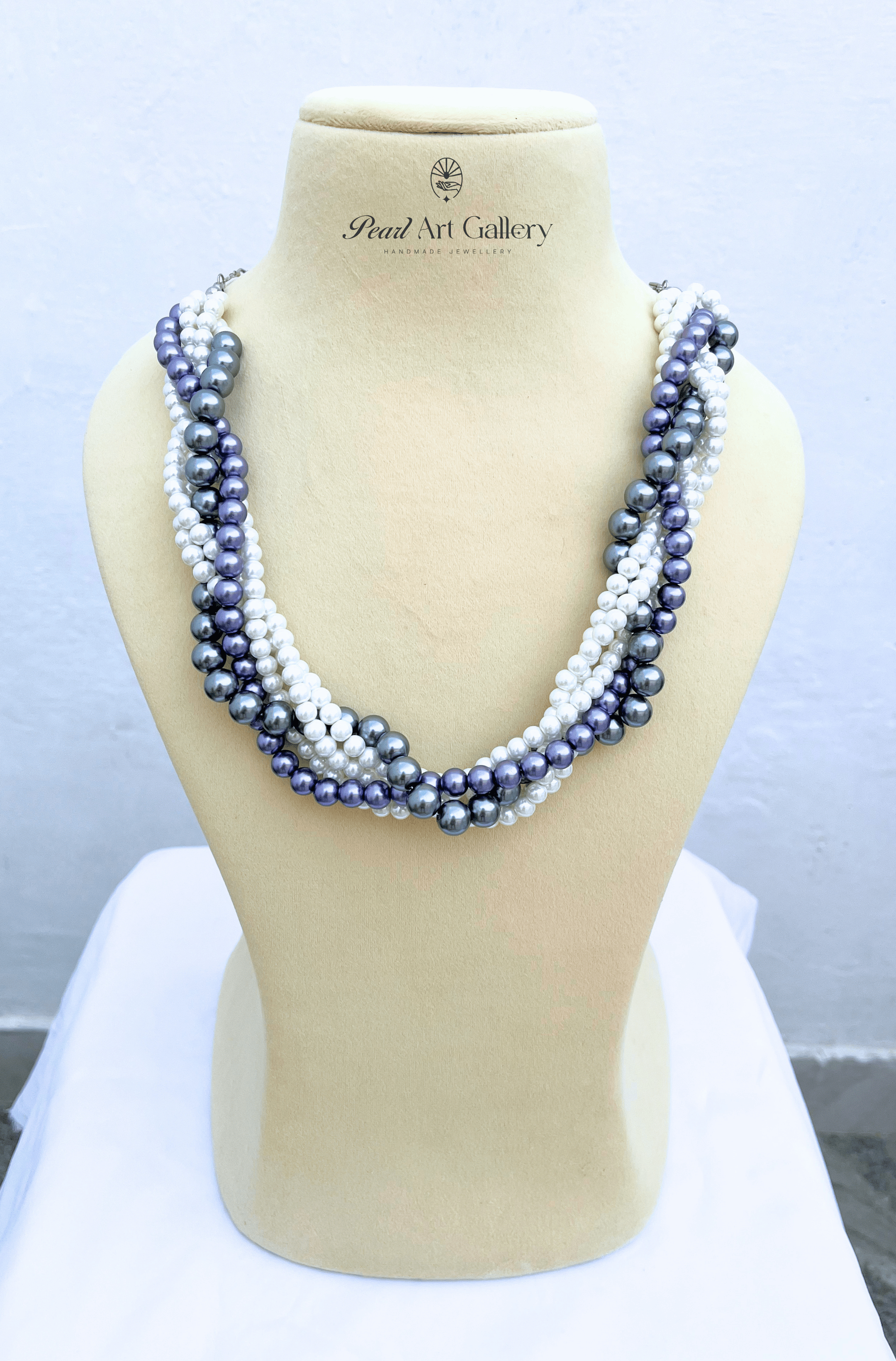 Braided Pearl Choker Necklace – Purple, Grey & White