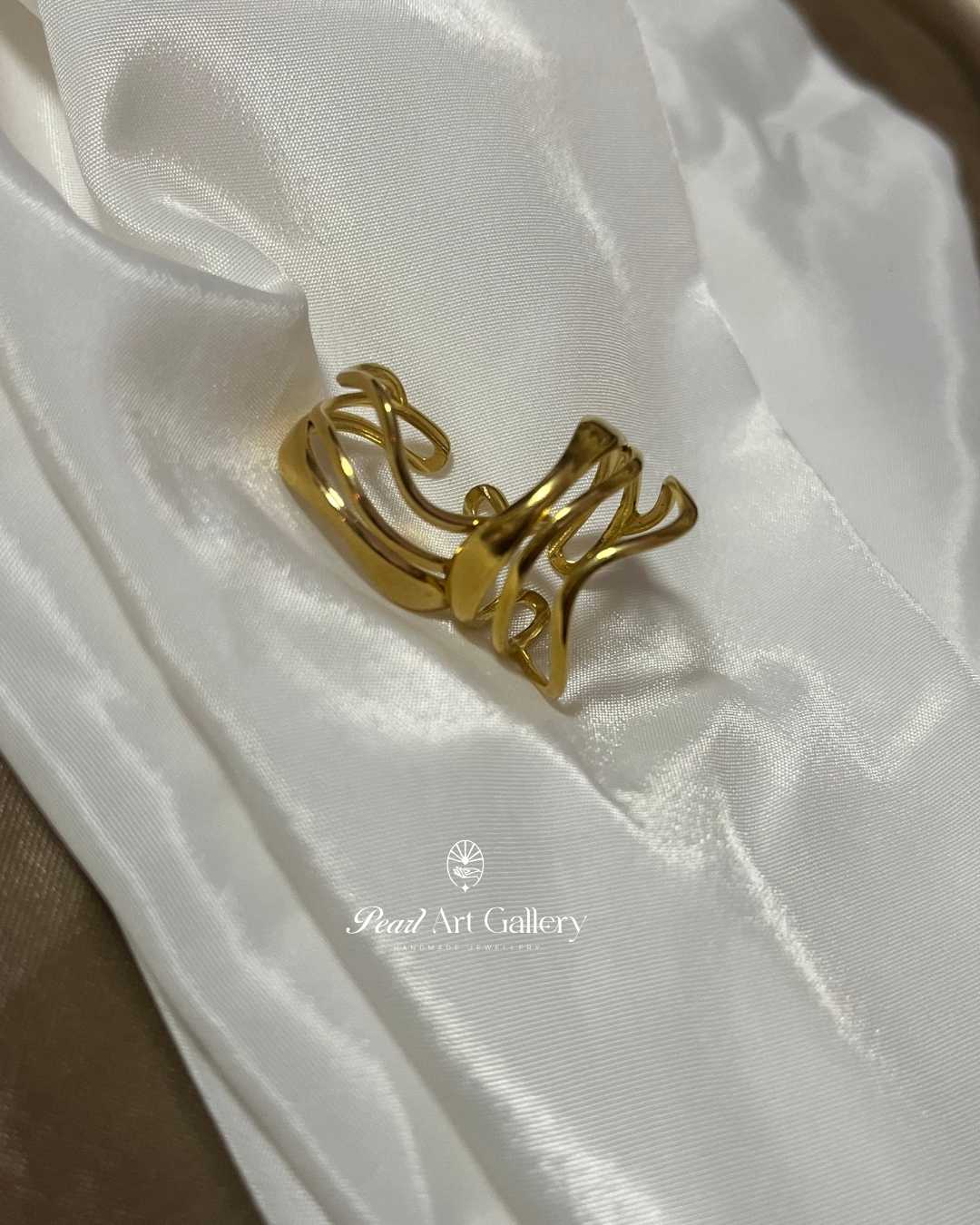 Wavy Flow Adjustable Ring – Minimal Gold Tone Plated Open Band | Pearl Art Gallery