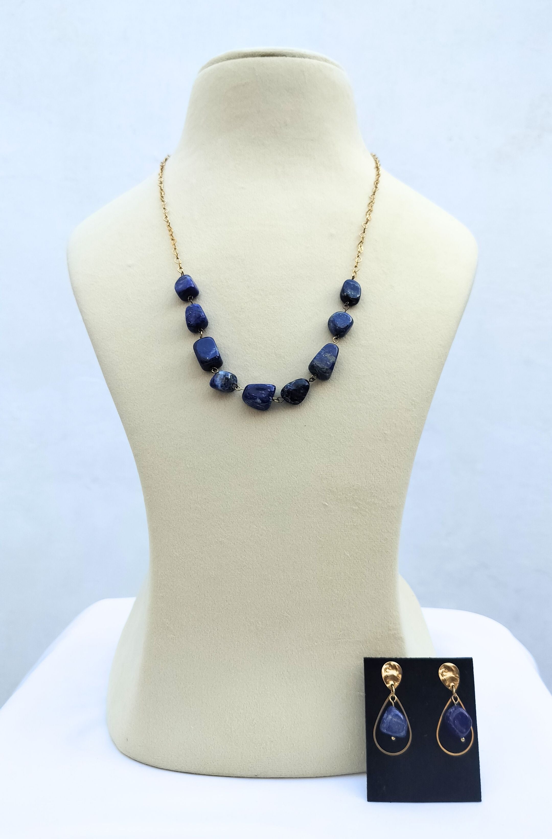 Lapis lazuli matinee necklace set with earrings – natural blue gemstone jewellery