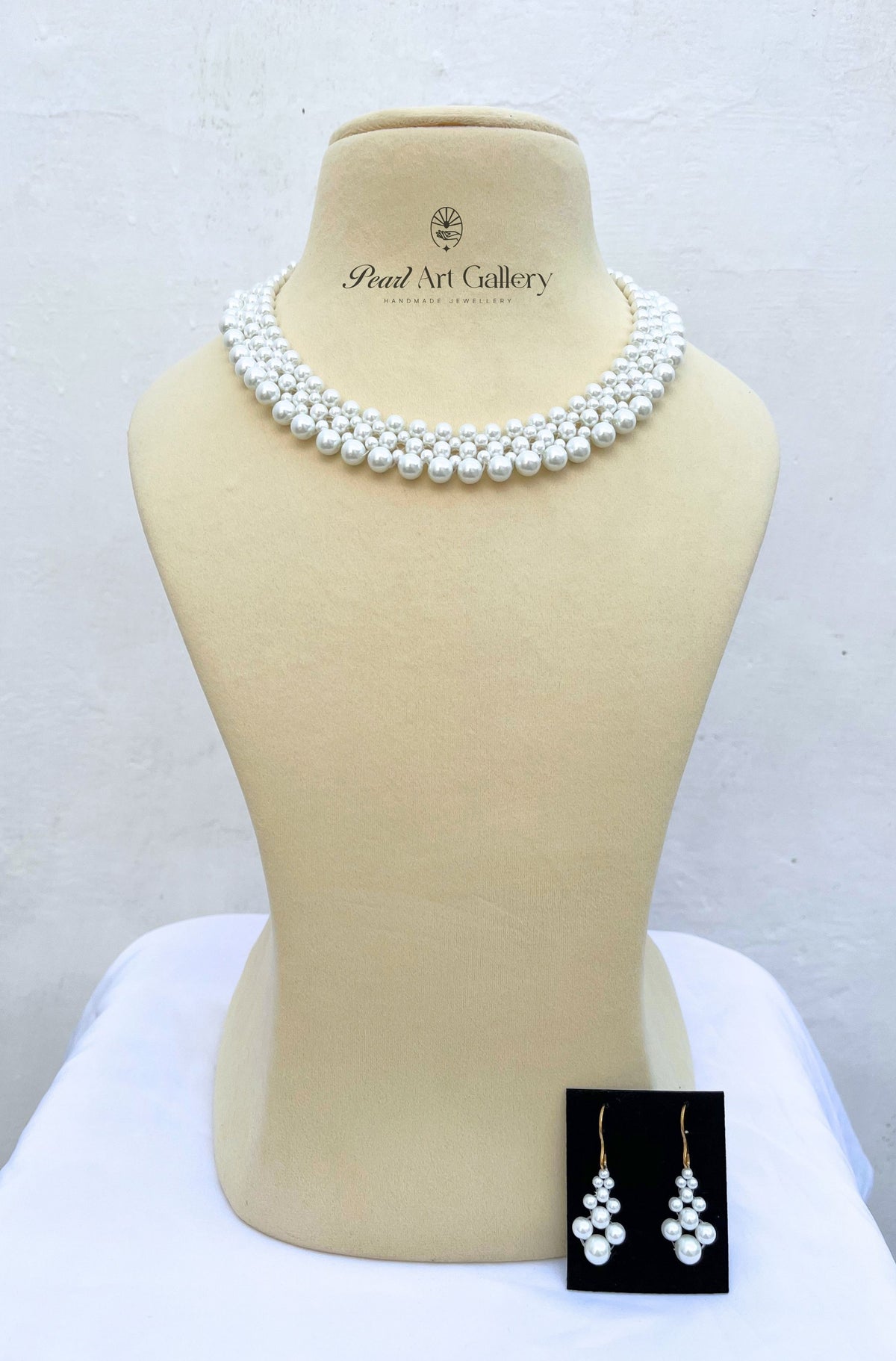 White Pearl Choker Necklace Set with Stud Earrings