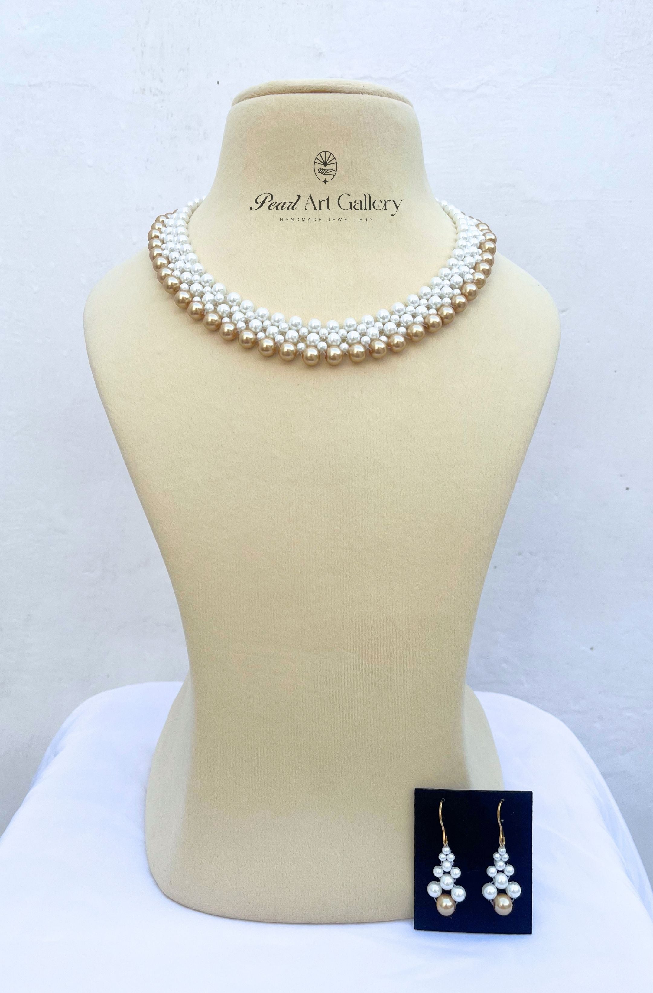 Golden Pearl Choker Necklace Set with Earrings