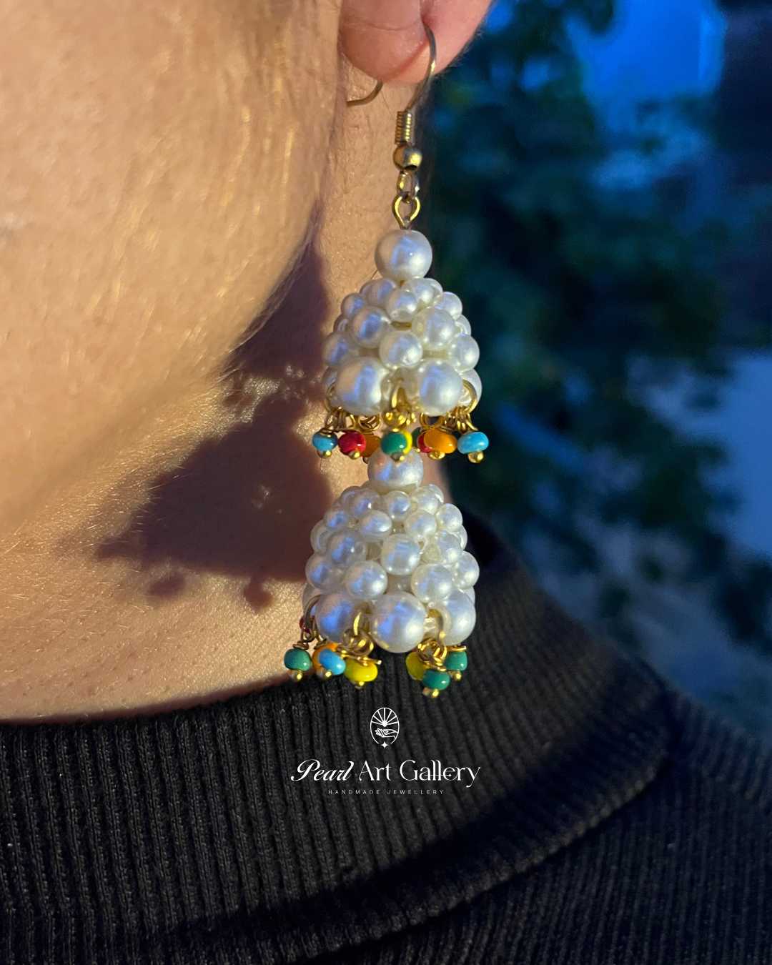 Glass Pearl Off-White Jhumka with Multicoloured Tassels - Pearl Art Gallery