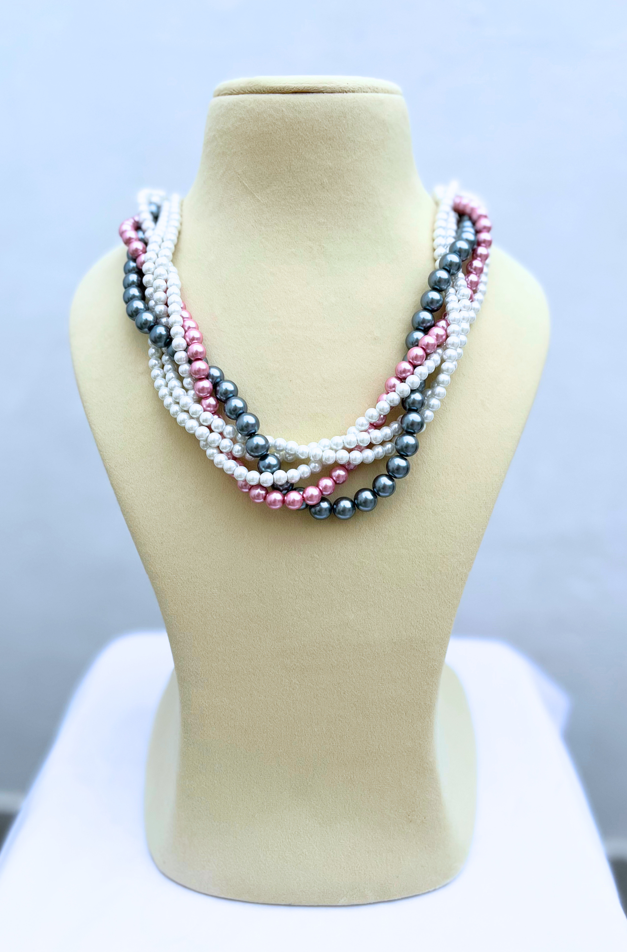 Braided pearl choker necklace in pink grey and white – twisted design, handmade